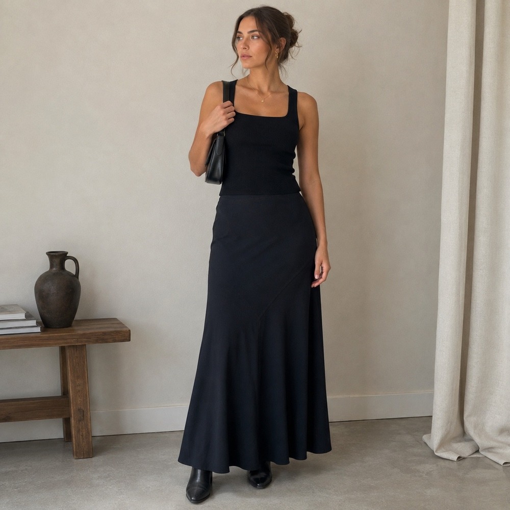 La Vita Black Maxi Skirt Size 16 Asymmetrical Seamed Y2K Long A-Line